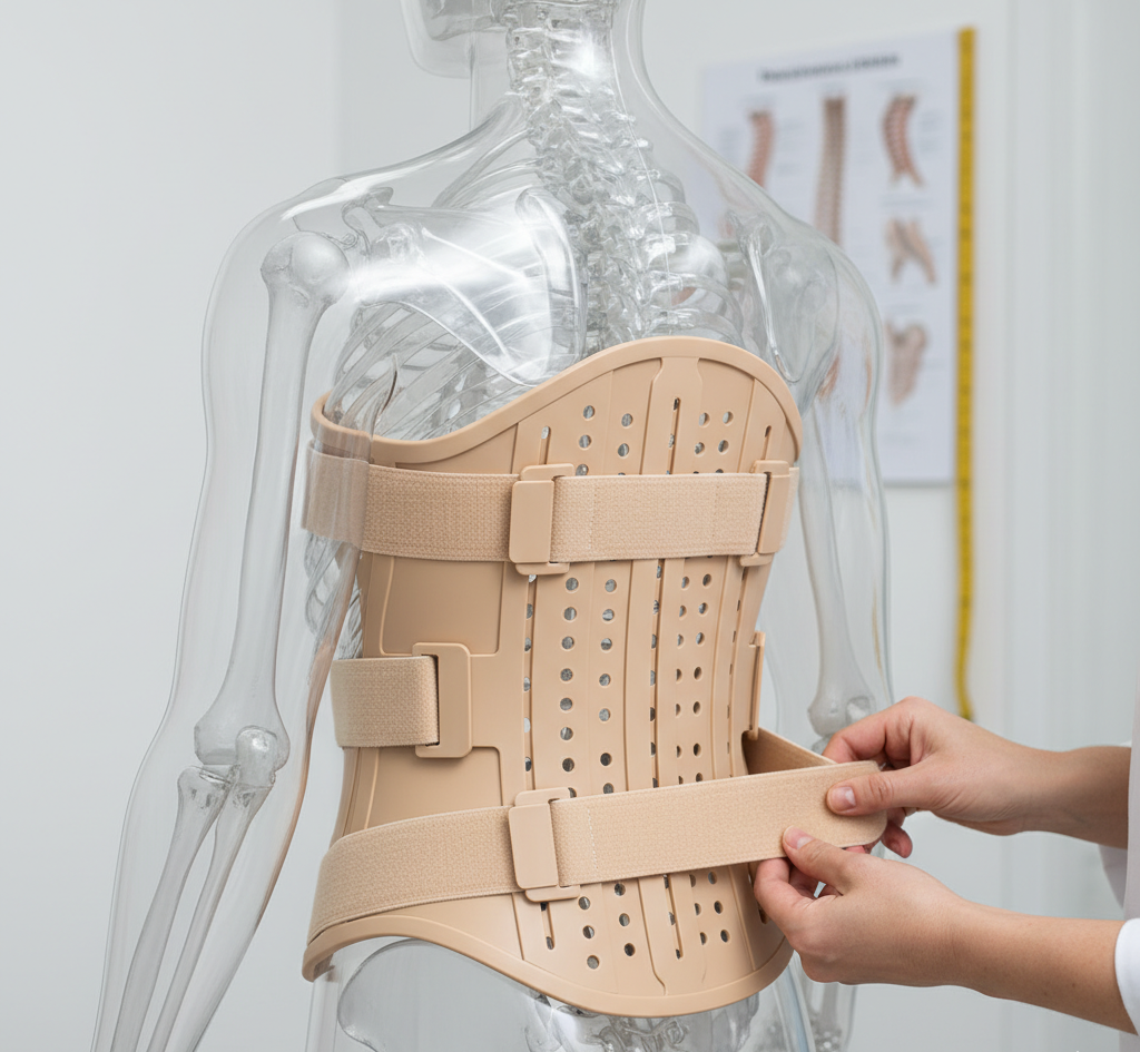 Corset médical sur mesure, vue rapprochée, illustrant le soutien et la correction de la colonne vertébrale pour une pathologie lombaire ou scoliose.